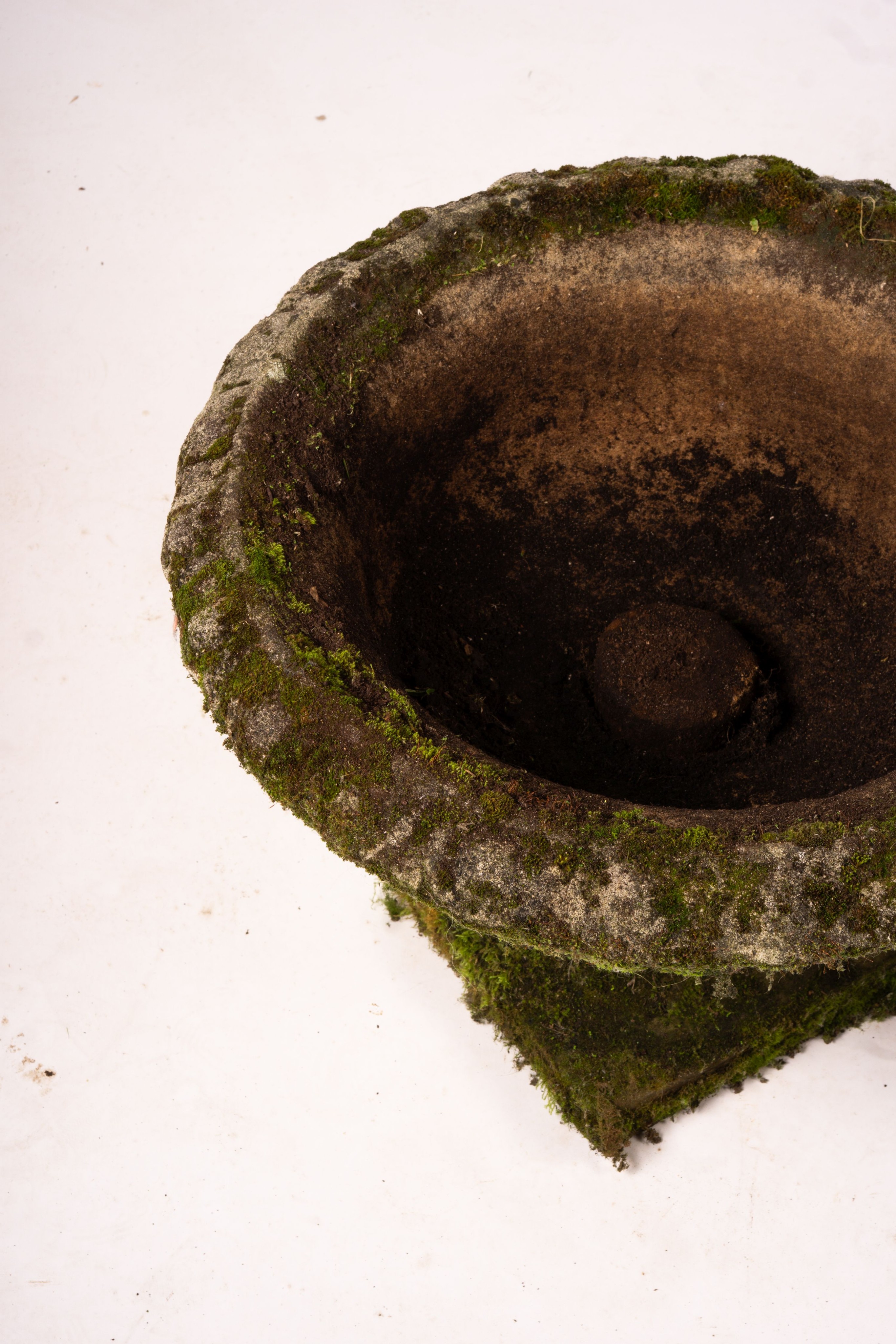 A pair of weathered reconstituted stone campana garden urns, Diam.56cm H.42cm